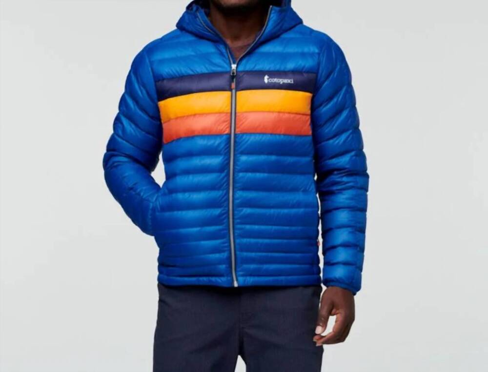 NEW COTOPAXI fuego down hooded jacket in pacific stripes
